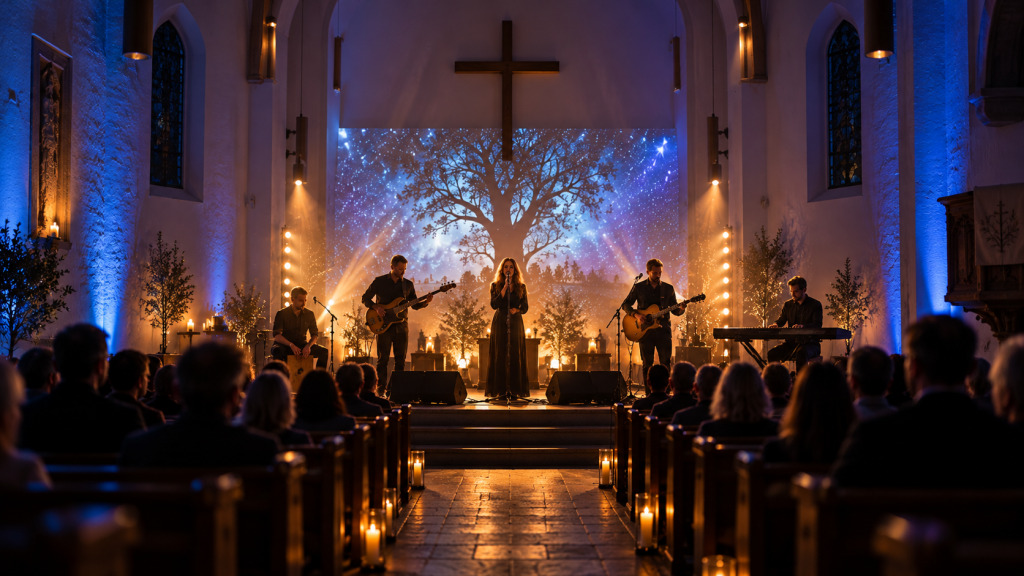 Visualisierung eines Garden-of-Wonders-Konzerts in einer Kirche mit beleuchtetem Altarraum, Musikern und Publikum.