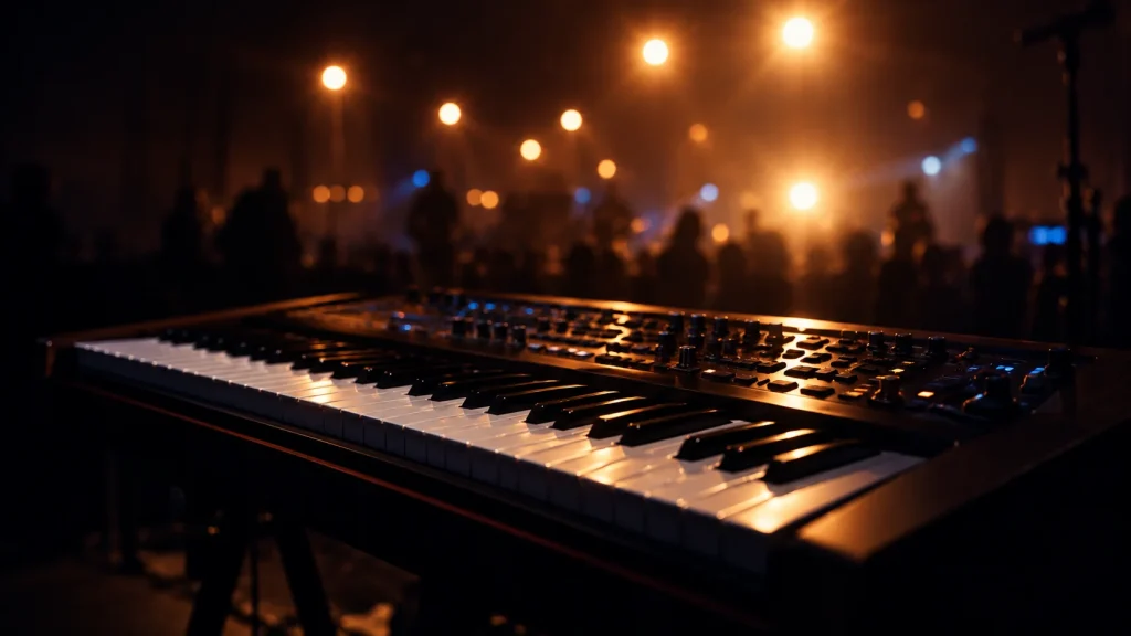 Synthesizer auf einer Bühne im warmen Licht der Scheinwerfer.